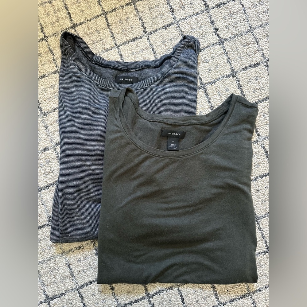 Halogen. 2 Pack. Charcoal Striped and Olive Tees.